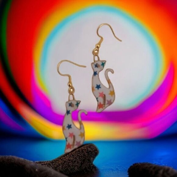 Cat Design Colorful Stars Pattern Kitty Earrings - Picture 7 of 7